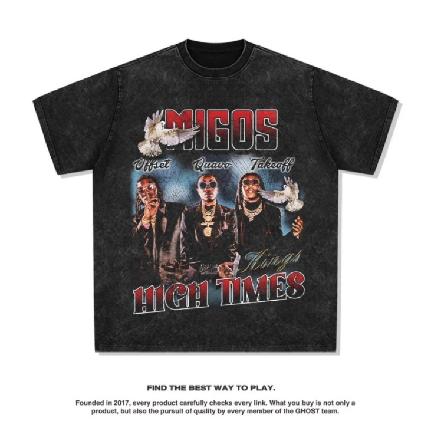 

European and American Hip Hop Team Migos American T-shirt Street Hip Hop Fashion Brand Vintage Print To Do Old Wash XXXXXL чёрный