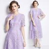 Summer Women's Retro Round Neck Lotus Leaf Sleeve Lace Dress Looks Slim and Elegant Long Skirt