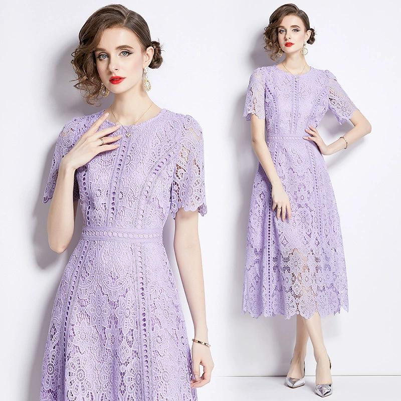 Summer Women's Retro Round Neck Lotus Leaf Sleeve Lace Dress Looks Slim and Elegant Long Skirt
