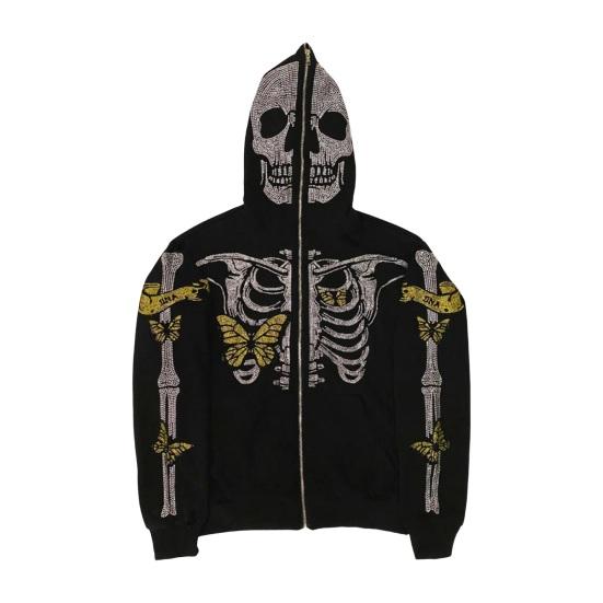 Unisex ჰელოუინის ჰუდი Rhinestone Ghost Skeleton ნიმუში Zipper Closure Hooded ჯიბეები გრძელი მკლავები Party Cosplay კოსტუმი შემოდგომის ზამთრის ქურთუკი