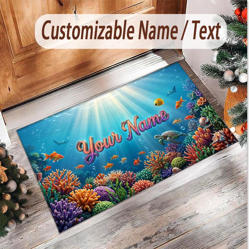 Fish Ocean Theme Soft Crystal Velvet Rug Custom Name & Text Print Non Slip Floor Rug for Bedroom Living Room