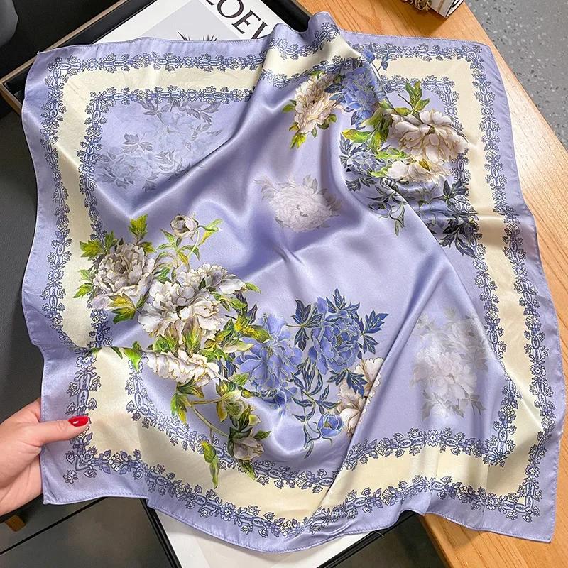 Luxury  Floral Print Square Silk Scarf for Women Hijab Hair Bands Neckerchief Female Satin Shawl Ribbon Headband Fashion