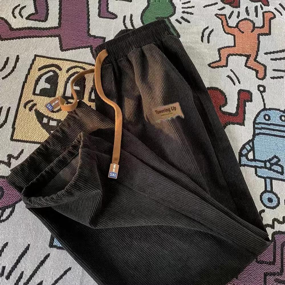 Мужские вельветовые брюки, новые однотонные прямые брюки, спортивные повседневные брюки, уличные мужские широкие брюки с отворотами M чёрный