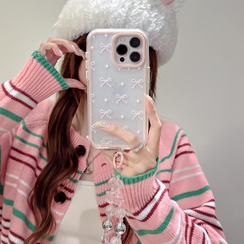 Korean-style pink glitter bow chain case suitable for iPhone 17 Pro Max, Apple 16, 15, 14 for women, trendy