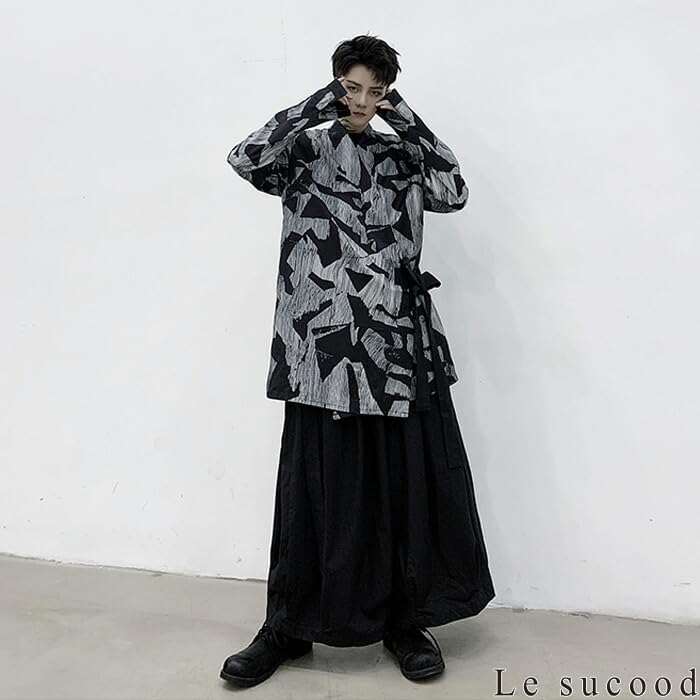 Le Sucood Monochrome Mosaic Japanese Style Shirt Long Long Shirt Loose Casual Japanese Long Street Mode Harajuku Blue Letter Style Cardigan, Shirt,
