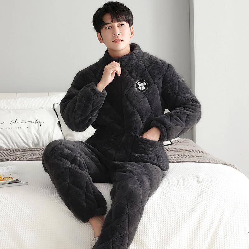 Winter Couple Pajamas Women'S Three-Layer Padded Cotton Thickened And Velvet Winter New Warm Men'S And Women'S Zipper Loungewear Set