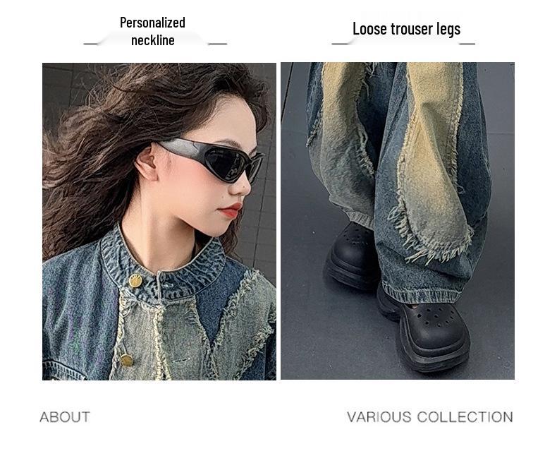 2025 Girls' Autumn Streetwear Outfit: Distressed Denim Jacket & Scimitar Pants Set