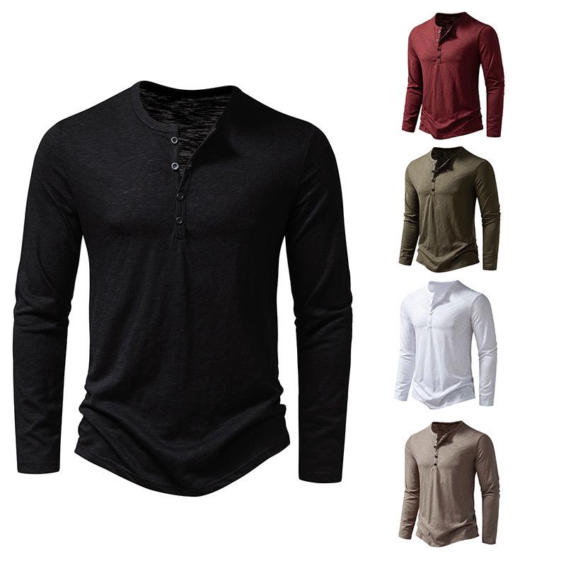 Men's Bamboo Cotton Henley Long-Sleeve T-Shirt - Spring Fashion Casual Top