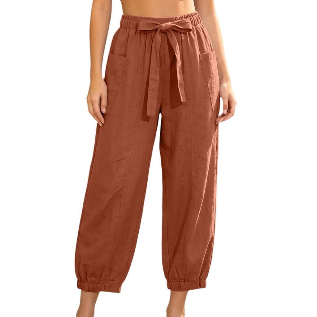 Women's Casual Elastic Waist Drawstring Pants with Pockets Lightweight Loose Fit Lounge Trousers for Everyday Wear