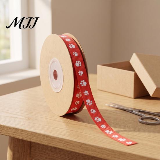 DIY Gift Wrapping Supplies 0.4" x 9.8 Yards Paw Print Ribbed Ribbon, Decorative Fabric Ribbon for Handmade Bow Making Material Pet Themed and