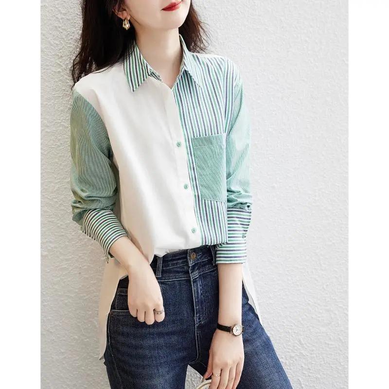 

Designed Striped Shirt for Women Spring and Autumn New Style Fashionable Outer Wear Top Women s Long-sleeved Shirt Thin Section 2XL зелений