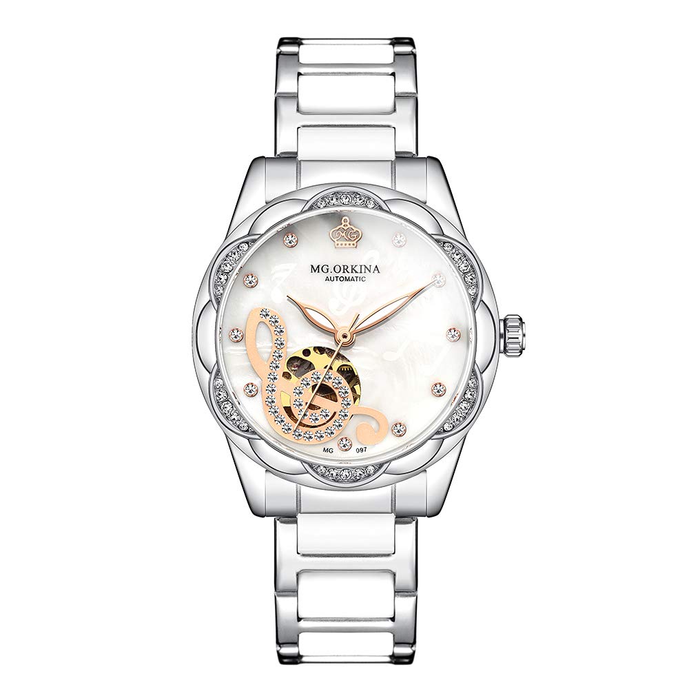 BOLYTE Fashionable Openwork Mechanical Watch Mother of Pearl Ceramic Stainless Steel Diamond Music Ladies Automatic Watch Waterproof Luminous Women's