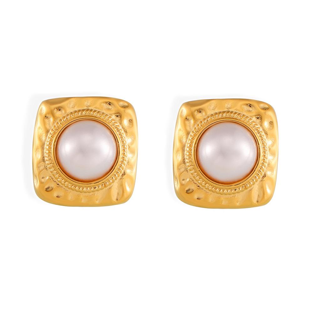 French Retro Square Lava Faux Pearl Stud Earrings In 18k Gold-Plated Titanium