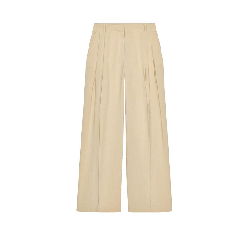 Vacation Style Back Slit Tops 3564123 Linen Blend Pleated Wide Leg Casual Trousers 3479848