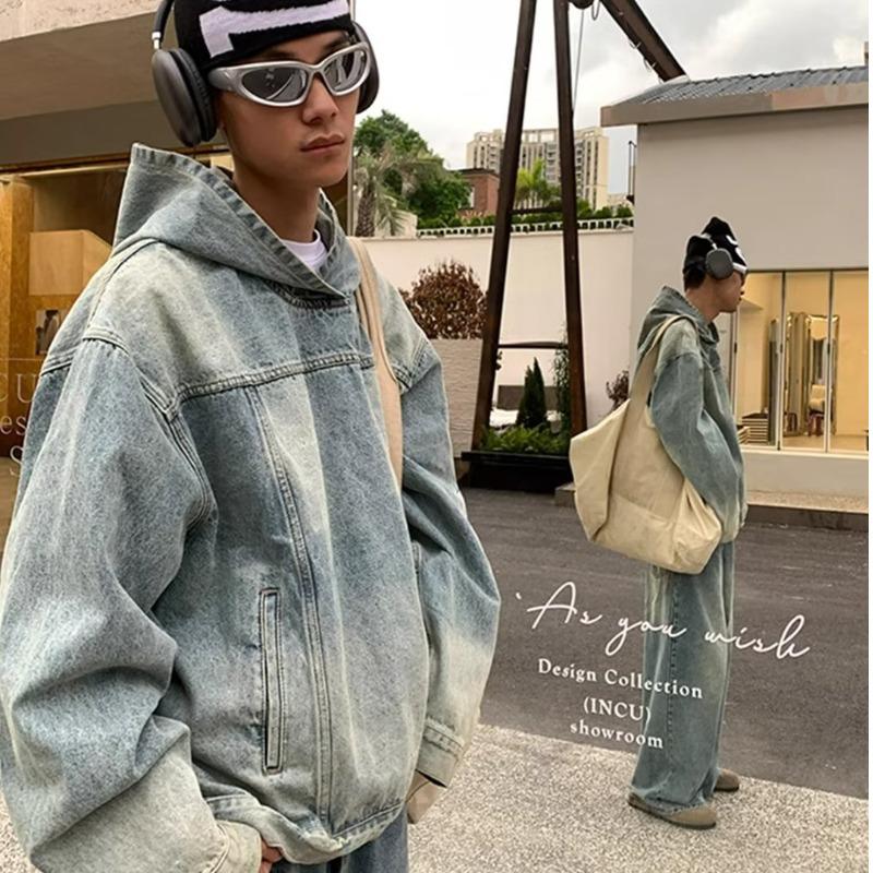 2024 Men's Distressed Washed Denim Hooded Sweatshirt - Retro Street Style Loose Jacket for Spring & Autumn