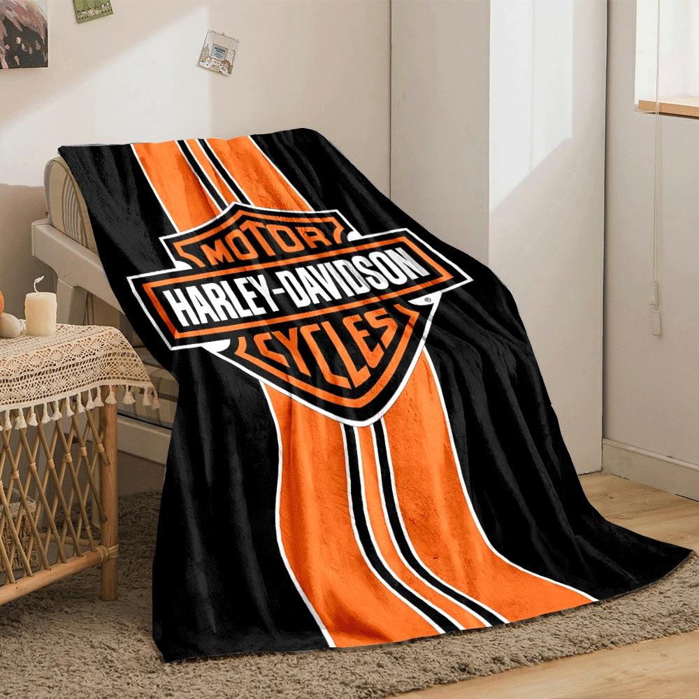 Bold Orange Vertical Stripes with a Harley-Davidson Logo On a Black Background. for All Seasons Blanket Lunch Break Throw Gift