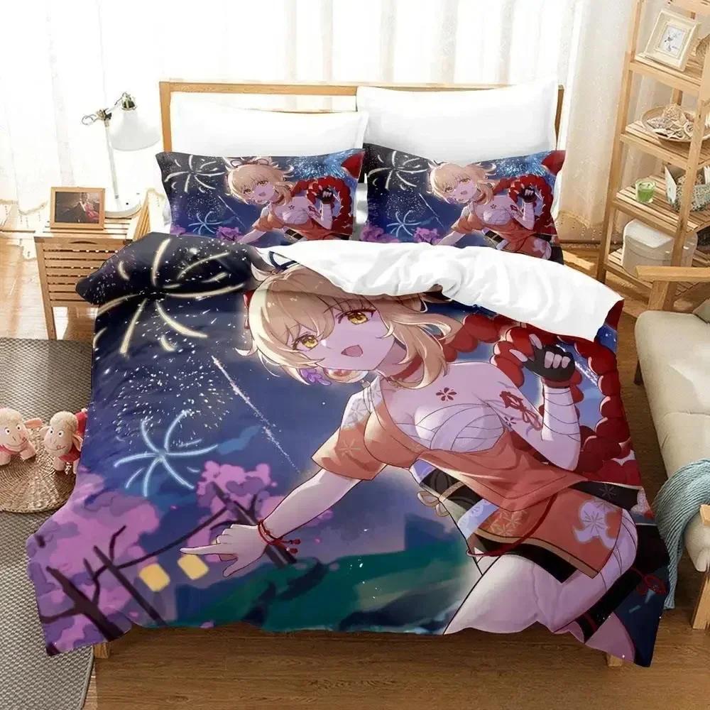 2024 Game Yoimiya Genshin Impact Bedding Set Cartoon Anime three-piece set Adult Kid Bedroom Duvet cover Sets 3D Kawaii Girls