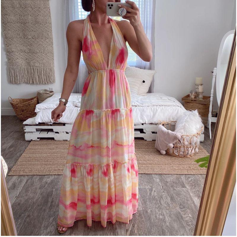 

Backless Dress2025 Summer New Arrival Female Gradient Deep V Dress Sling Open Back Irregular Long Dress Image color 3XL