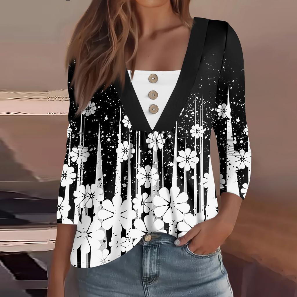 Dámská móda ležérní košile s dlouhým rukávem s květinovým potiskem, knoflíky do V s výstřihem