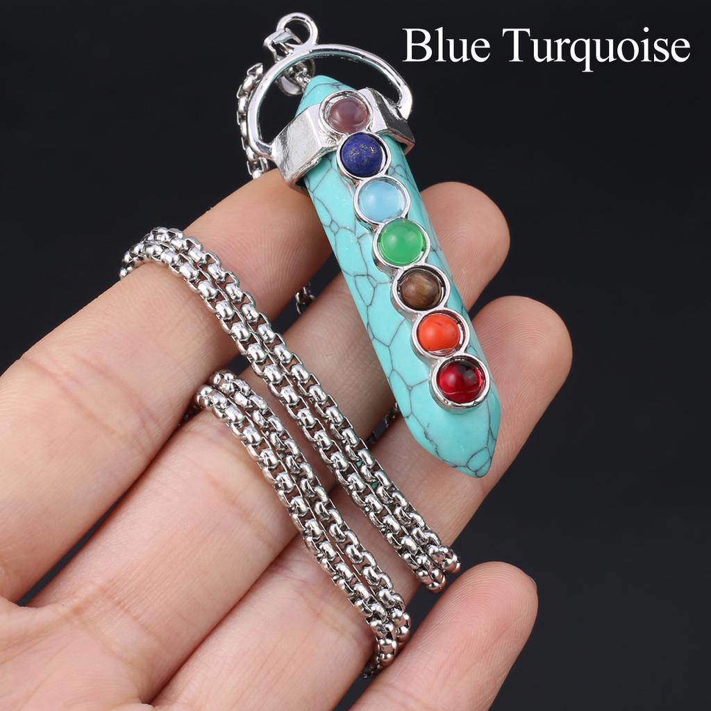 1Pc, Spiritual Healing Crystal Pendant Necklace, Geometric Double-pointed Hexagonal Pyramid Inlaid Seven Chakra Gems Charms Necklaces for Women Men