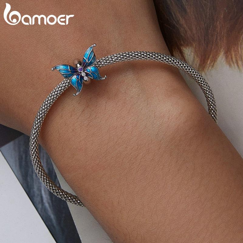 BAMOER Real 925 Sterling Silver Butterfly Silver Silicone Accessory Spacer Stopper Beads Fit Original DIY Charms Bracelet Jewelry