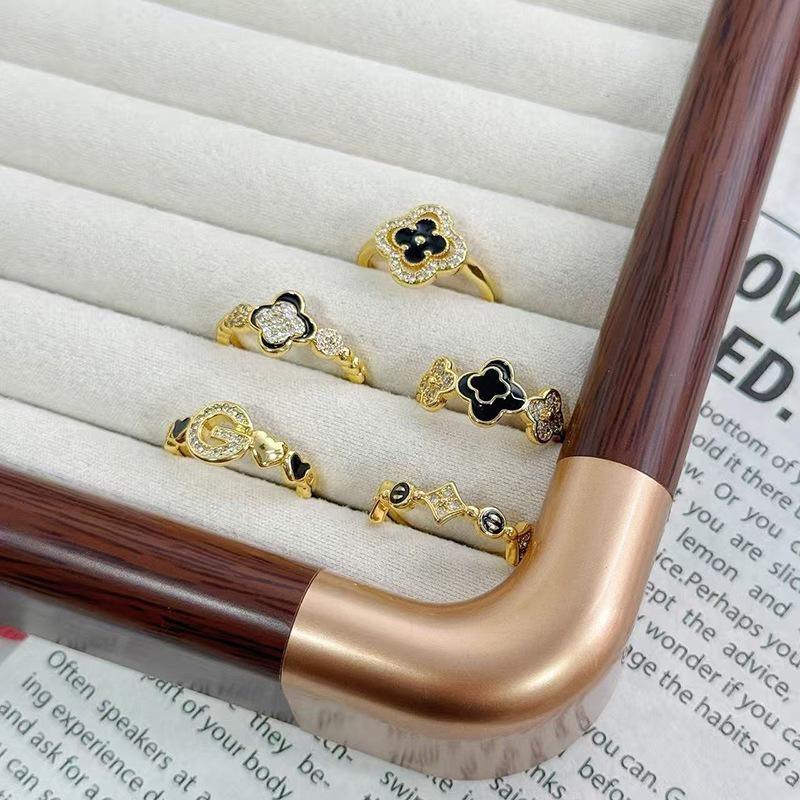 Dark Oil Dripping Full Diamond Inlaid Zirconium Four-Leaf Clover Open Ring Simple Light Luxury High Fashion Women