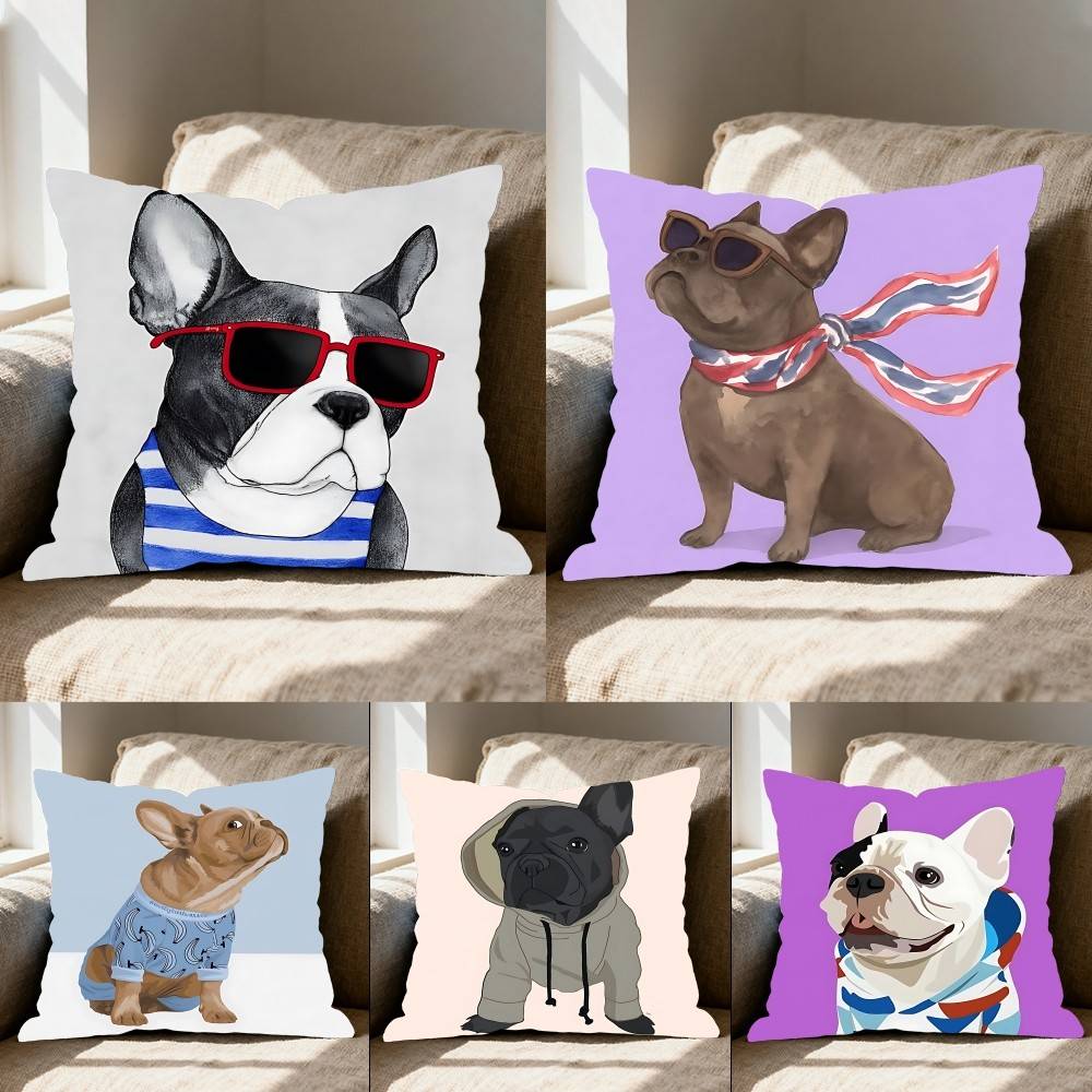French Bulldog Funny Cartoon Pillow Case Throw Pillow Cover Nordic Vintage Style Cushion Home Living Room Sofa Couch Seat Decor