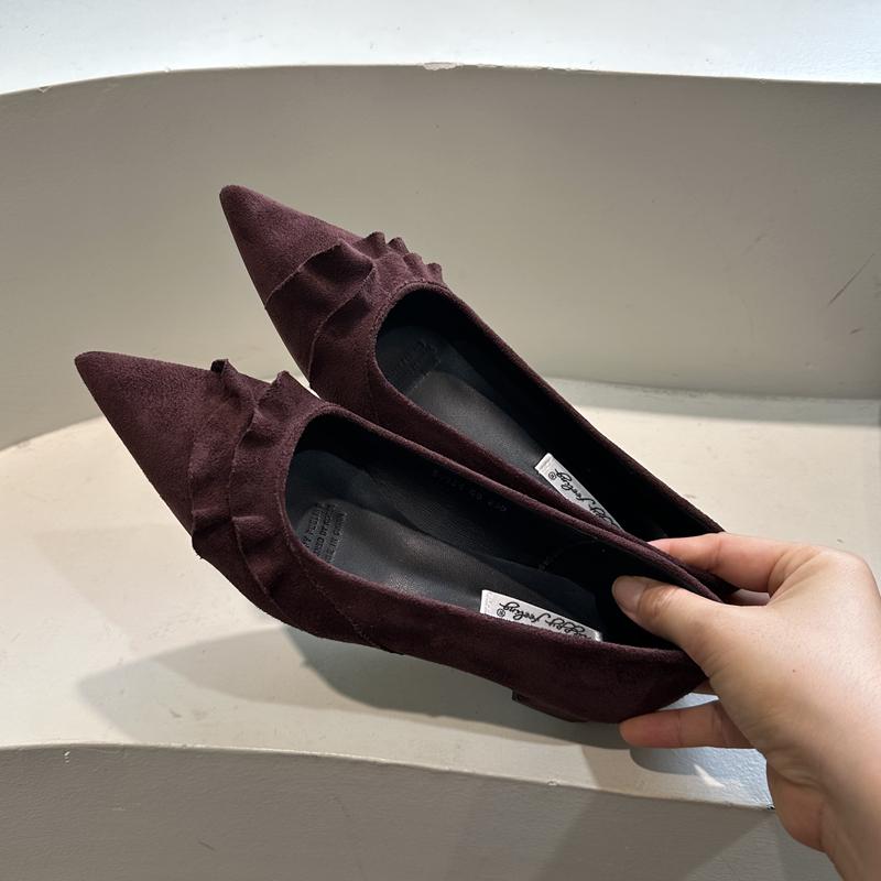 Fashion SUOJIALUN 2025 Autumn Women Single Shoes Fashion Ruffles Pointed Toe Shallow Slip On Boat Shoes Square Low Heel Dress Pumps Shoe