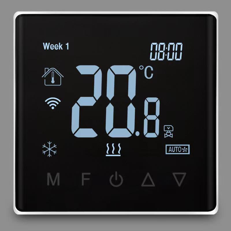 Smart WIFI touch screen thermostat with three-speed fan coil control for central air conditioning remote management.