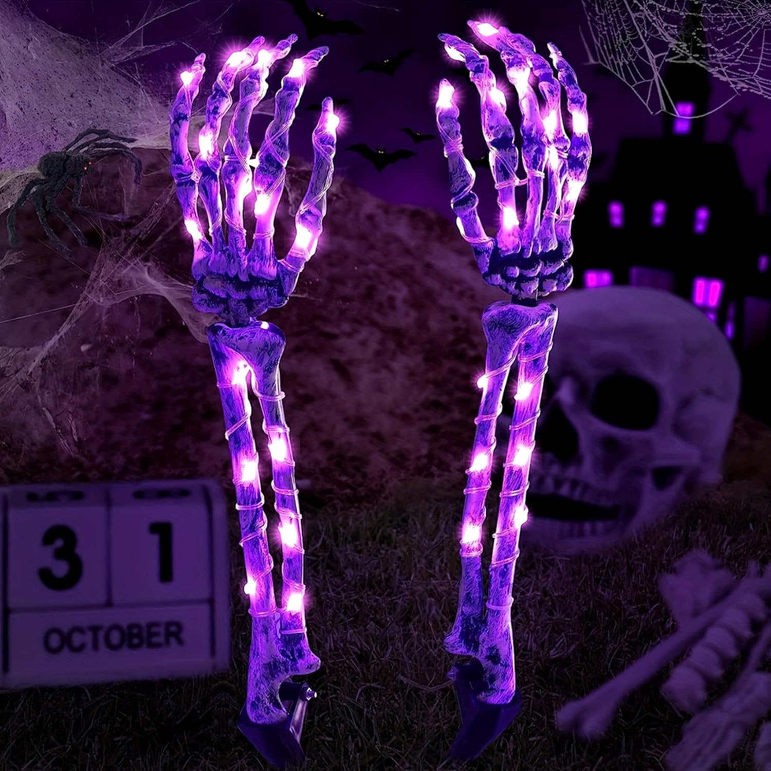 Halloween Outdoor Decoration 2 Pack Skeleton Arm Stake- Skull Hand Stake with LED String Lights Decor for Garden Lawn, Ideal Outdoor Party