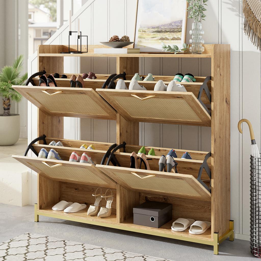 Elegant Wooden Shoe Cabinet with Rattan Doors – 4 Doors, Metal Frame and Top Shelf for Stylish and Organized Storage.
