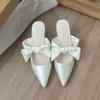 Thin heel height increase 2025 summer new bow pointed head bag head cool slippers women's niche going out high value slippers