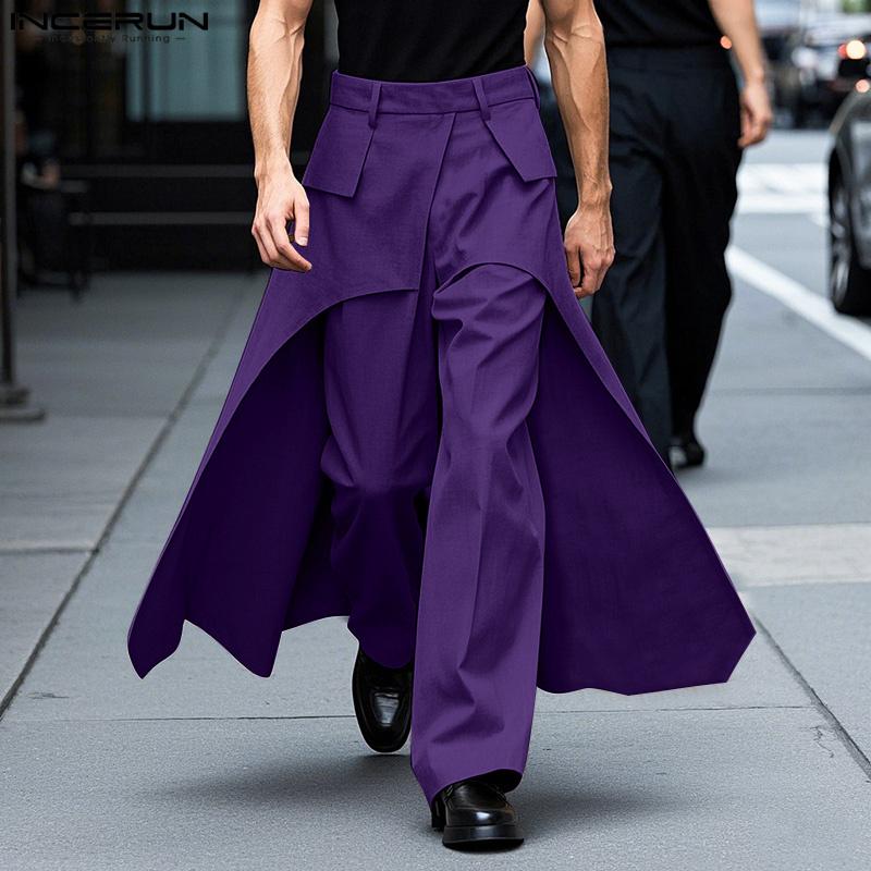 INCERUN Men Spring High Waist Back Ruffled Layers Solid Color Casual Long Straight Pants