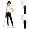 Kids Girls Equestrian Training Set Zip Stand Collar Ruffled Sleeve Contrast Trim Top and Non-slip Full Seat Riding Pants for Competition