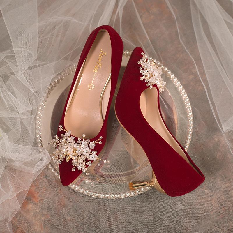 Burgundy High Heels Women's Thin Heels 2025 New Pointed Head Shallow Mouth Xiuhe Single Shoes Toasting Clothes Bridal Shoes Wedding Shoes