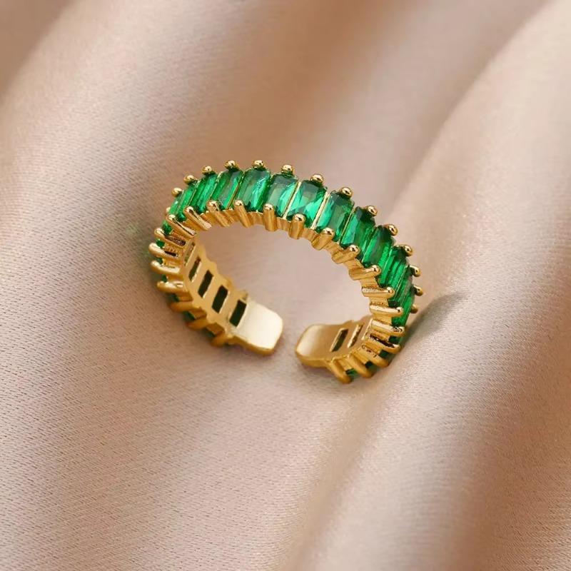 Vintage Light Luxury Gold Stainless Steel Cubic Color Square Zircon Ring Crystal Ring