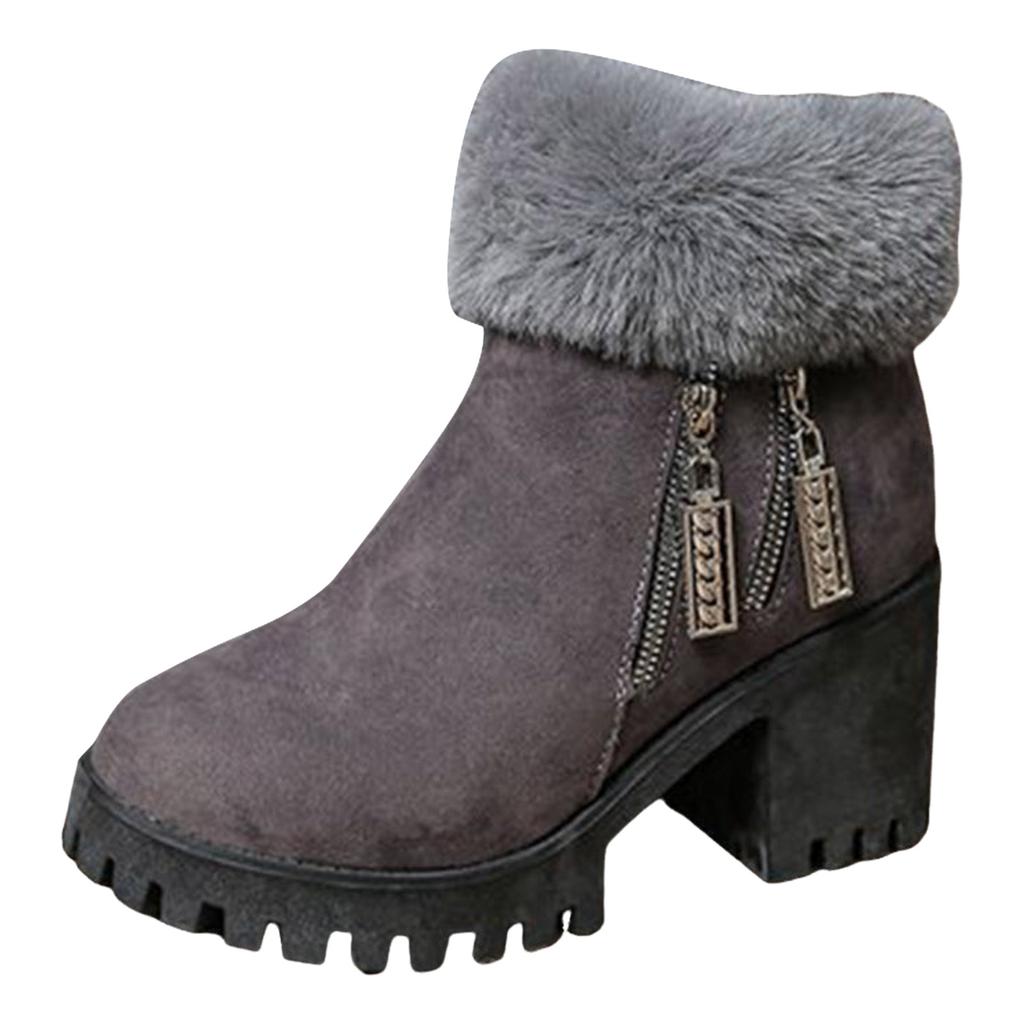Plush Rolled Up Heel Women's High Heeled Winter Fashion Boots With Side Zipper Short Shaft Chunky Heel Suede Boots for Women