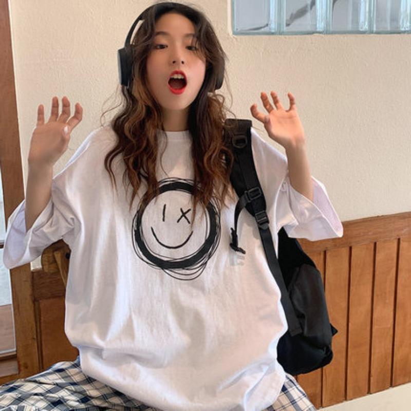 Vintage Funny Print High Street White Black Short Sleeved T-shirts for Women's Summer Casual Oversized T Shirt Harajuku Streetwear Tshirt Y2k Tops