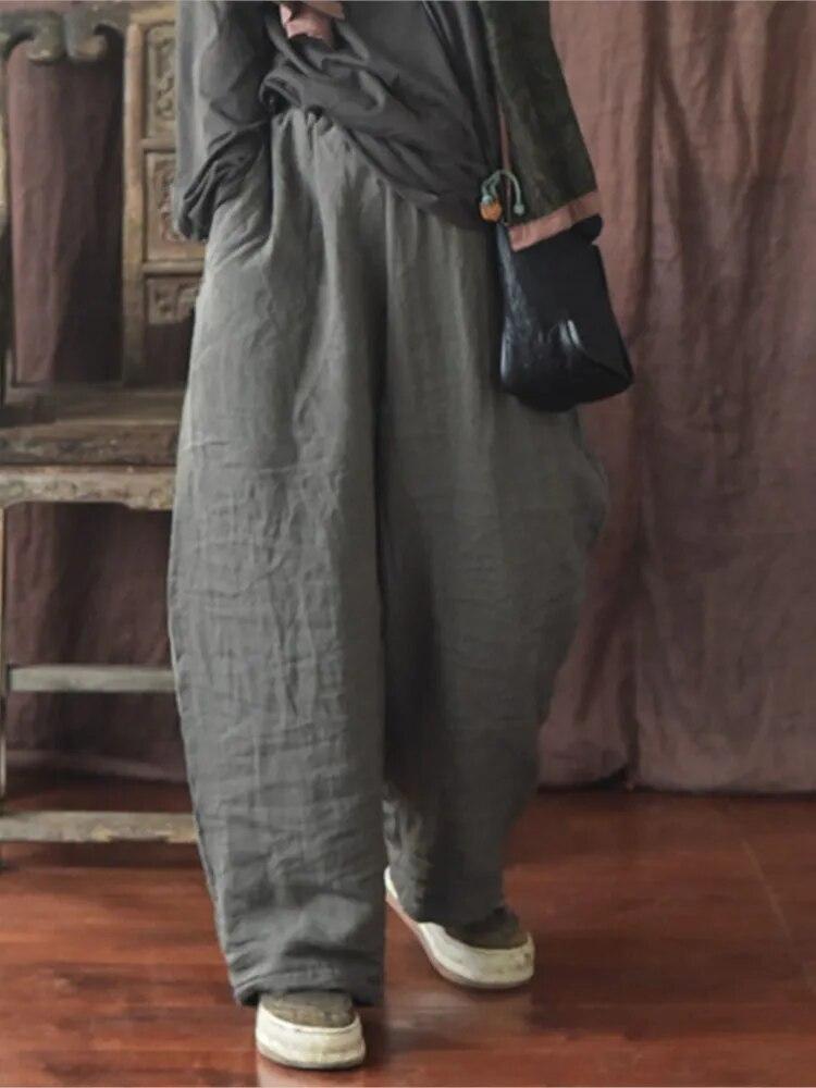 

Женские свободные брюки Johnature, однотонные свободные винтажные брюки, зимние широкие брюки One Size серый