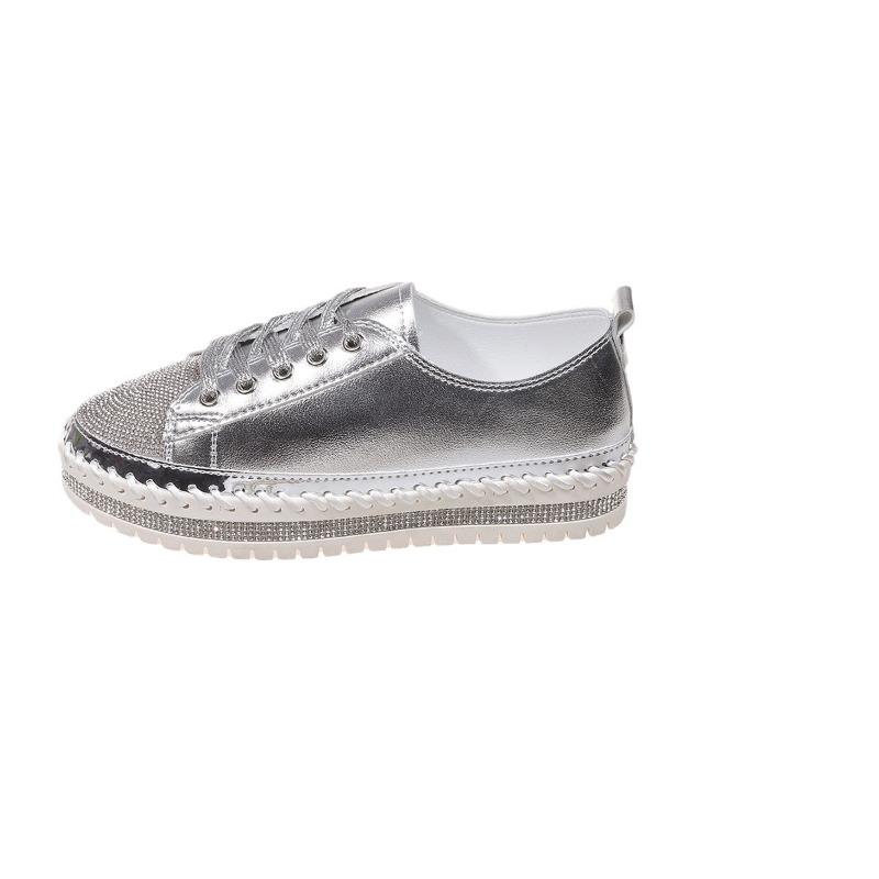 Women's Casual Shoes, Sizes 35-43 Flat-Soled, Diamond-Studded Lace-Up Sneakers Thick-Soled White Sneakers Women's Athletic Slip-Ons