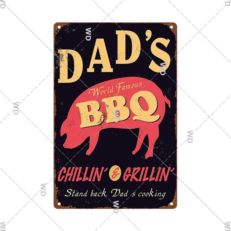 Dad's BBQ Party Metal Tin Plaque Retro Tin Signs Barbecue Rules Slogan Plate Vintage Grill Poster Yard Garden Kitchen Wall Decor