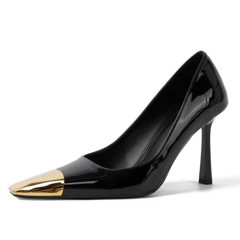 

Fashion Star style Fashion Metal Square toe Patent Leather Women Pumps Spring Autumn Elegant Stiletto High heels Office Lady Dress Shoes 40 чёрный