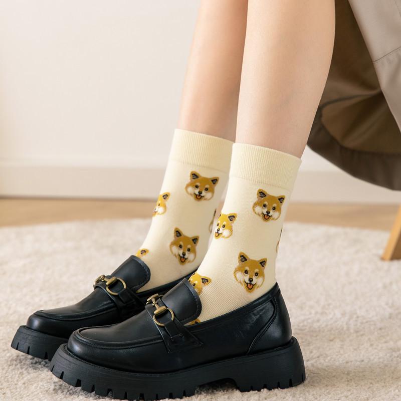 Korean Style Women's Cartoon Dog Cotton Mid-Calf Socks - Autumn/Winter Trendy Creative Japanese Long Socks