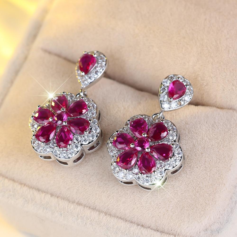 Exquisite White Rose Red Zircon Flower Drop Earrings for Women Elegant Silver Color Wedding Jewelry Gifts