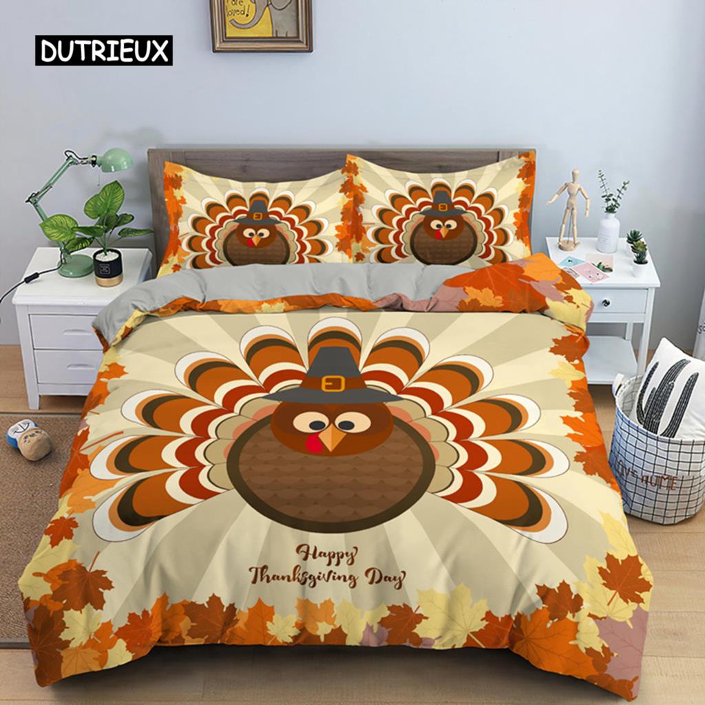 Autumn Thanksgiving Day Duvet Cover King Queen Cartoon Orange Pumpkin Turkey Bedding Set Maple Leaves Soft Polyester Quilt Cover