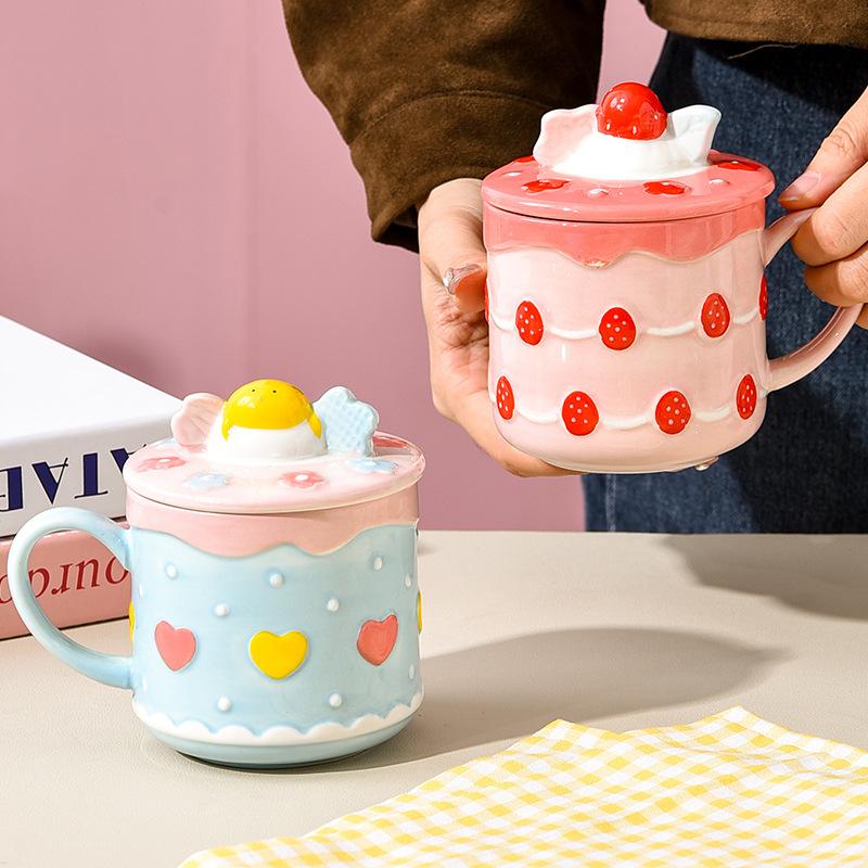 Cream Cake Mug Ceramic Water Cup with Lid Cup Cute Cartoon Girl Good-looking Bestie Birthday Gift
