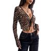 Spring Summer Women's Sheer Mesh Leopard Print Front Tie Long Sleeve Top Fashion Daily Basic Office Lady Casual Slim Fit Ladies Elegant Top