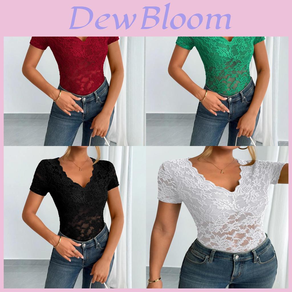 Elegante T-shirt in Pizzo con Scollo a V e Maniche Corte da Donna Moda Primavera Estate