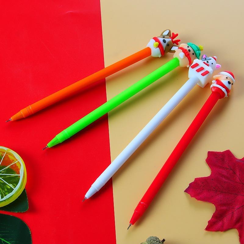 15Pcs Back to School Season Student Stationery, Novelty Puppy Topper Writing Pen With Christmas Style Hat, Bright Green Smooth Pen Shaft, Fun Decorati