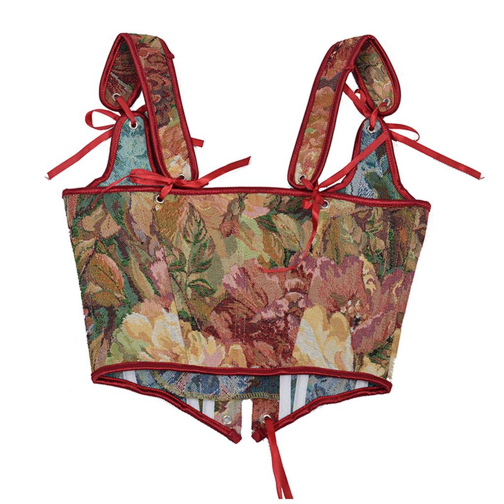 Red Sexy Bustiers Floral Bustier Crop Top Lace Up for Tank Tops Waist Cincher Corset With Straps Corset Tops To Wear Out